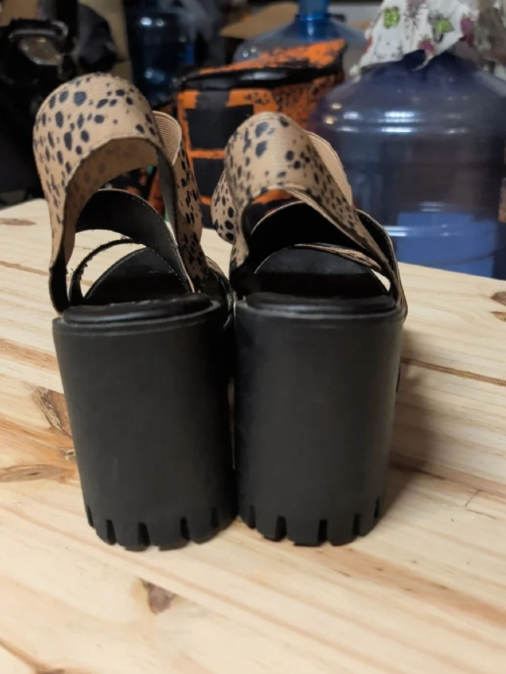 Chunky Platform Sandals in Tan with Black Speckle Straps